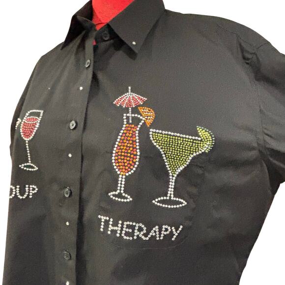 Las Olas black bejeweled novelty blouse Group Therapy cocktail glasses Size M - Picture 3 of 9